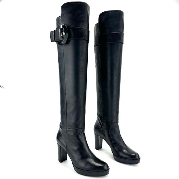 Stuart Weitzman Black Over The Knee Tall Boot Block Heels Platform Sz 5M Leather - Picture 2 of 13